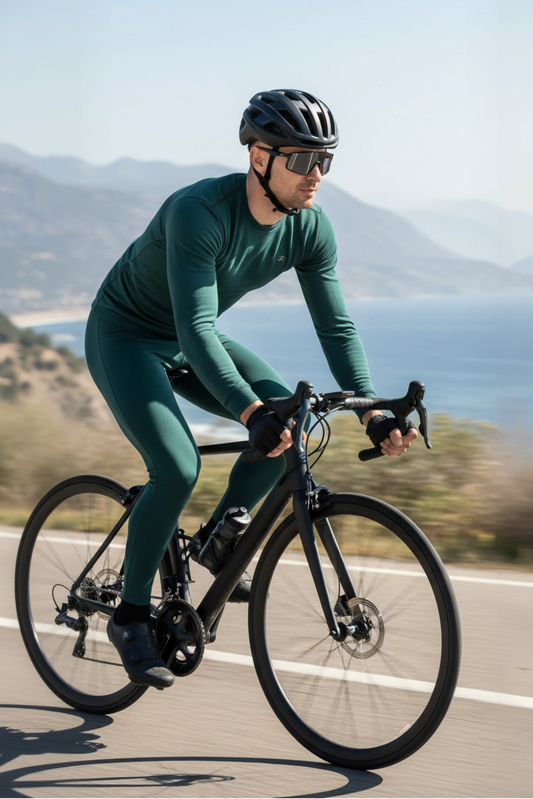 Cyclist in green outfit riding on a road with mountains and sea in the background