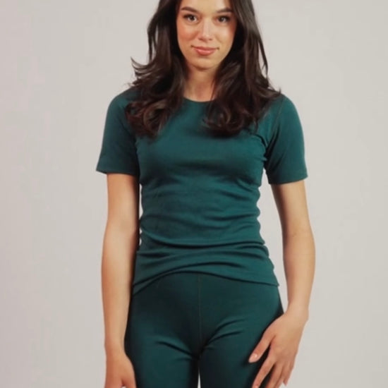 merino wool woman short and T-shirt set dark green